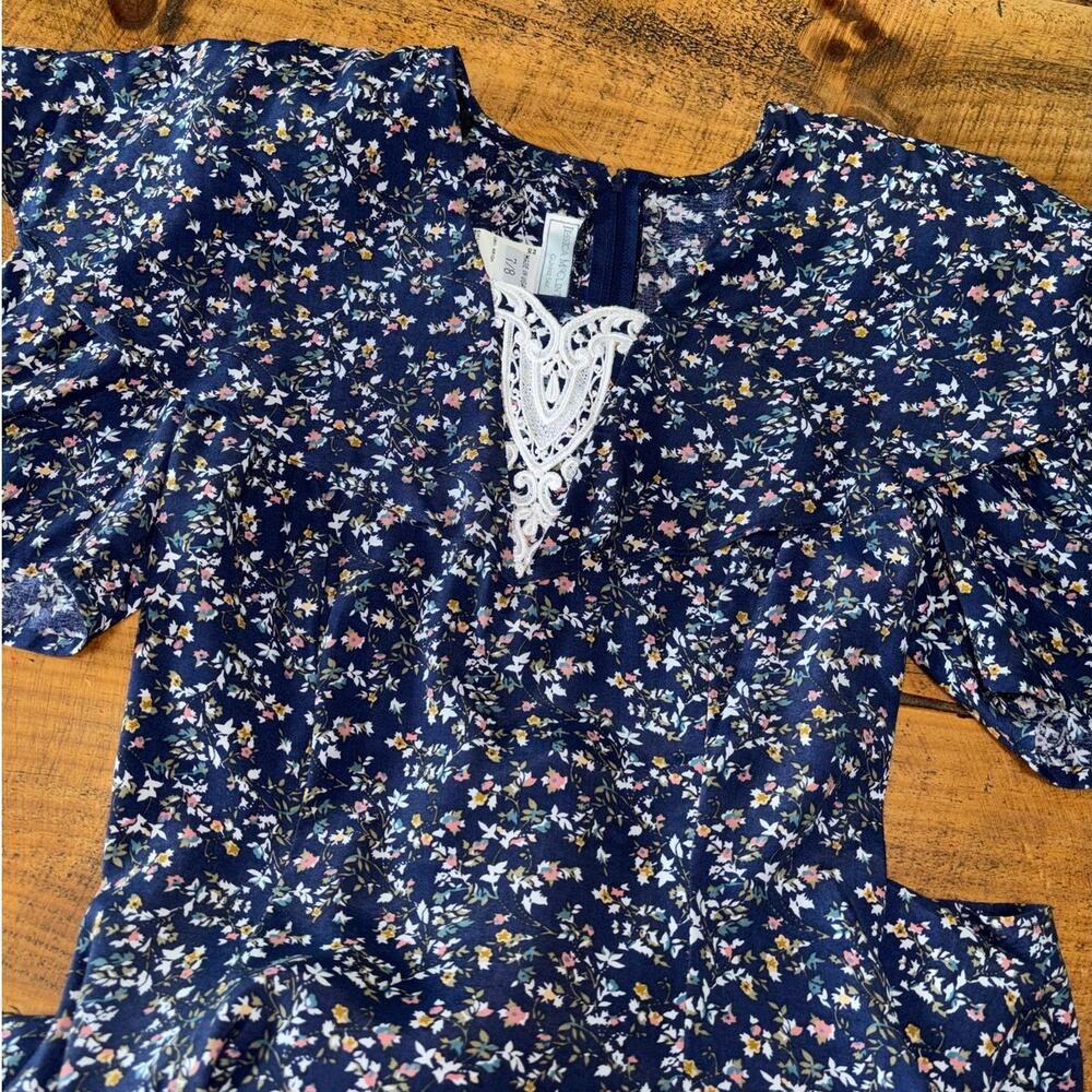 GUNNE SAX Womens Navy Blue Floral Long‎ Prairie Cottage Short Sleeve Vtg Dress